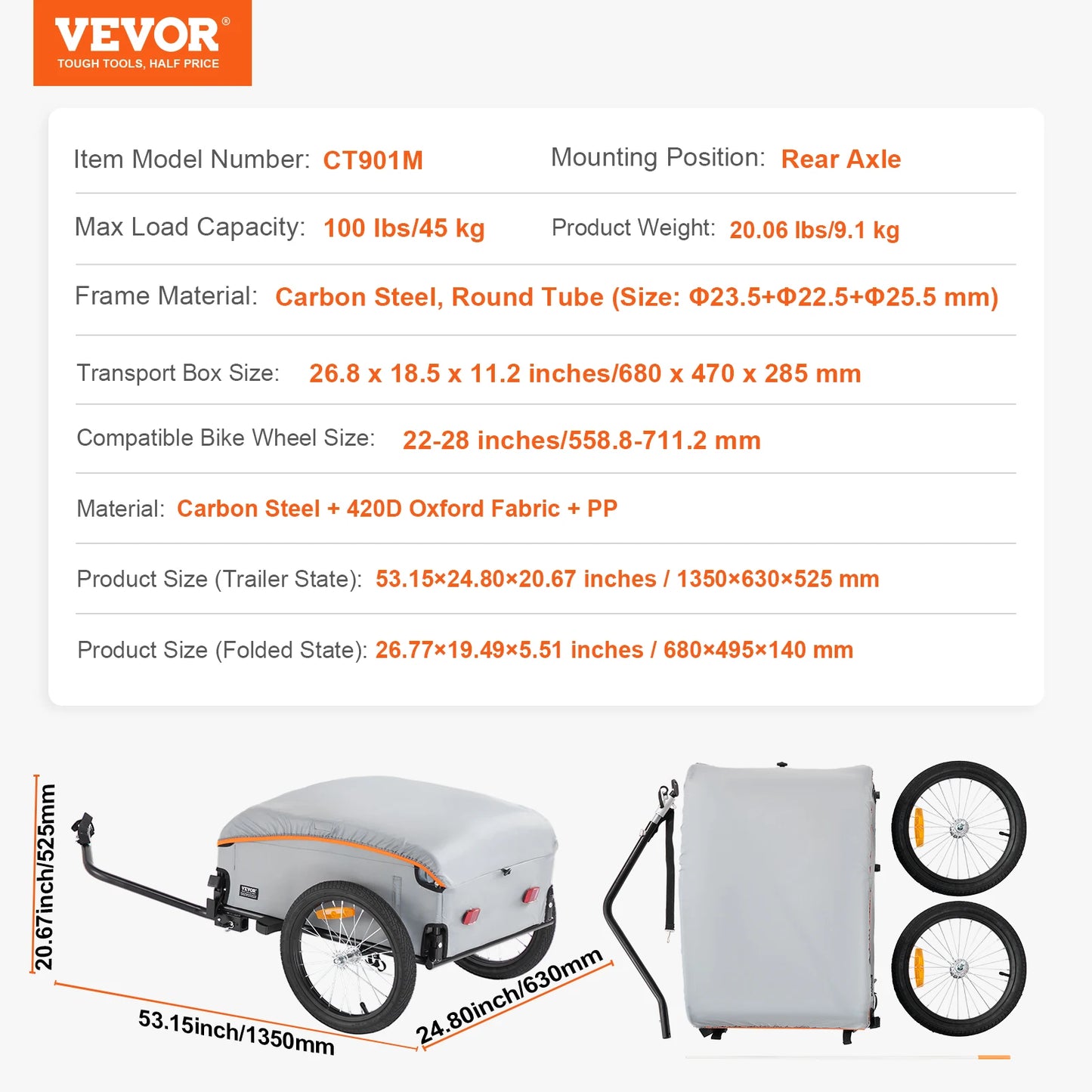 VEVOR 100lbs Bike Cargo Trailer Foldable Bicycle Wagon Cart with Waterproof Cover & Safe Reflectors Fits 22"-28" Bike Wheel