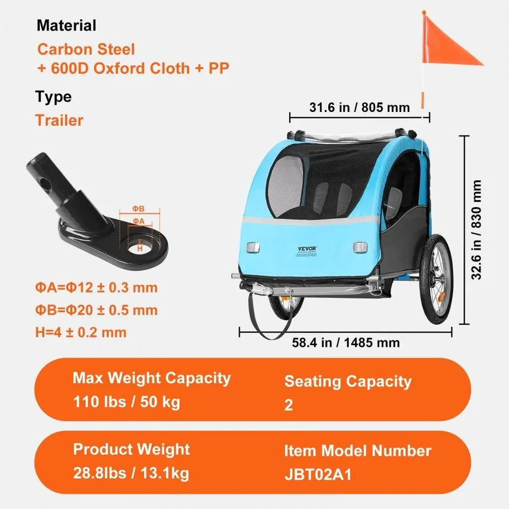 Foldable Double Seat Kids Bike Trailer - 110lbs Capacity Canopy