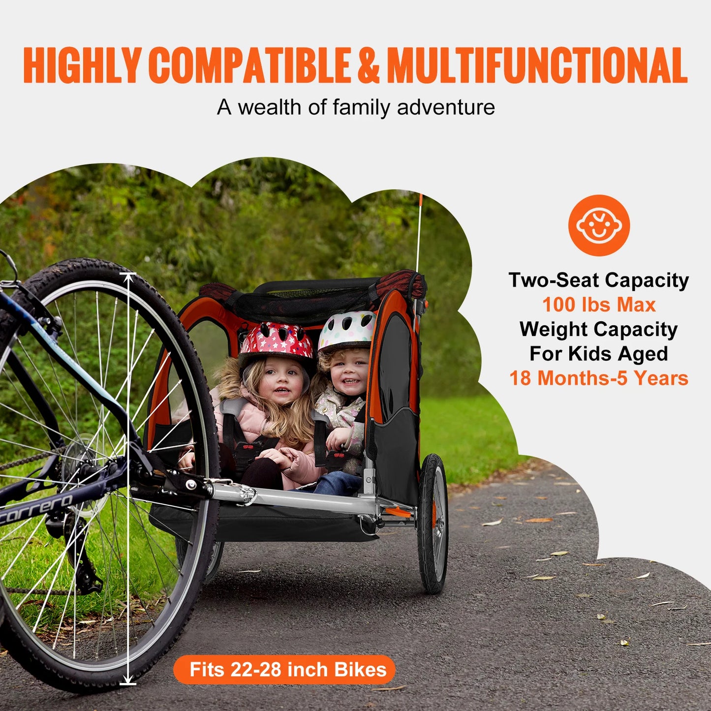 VEVOR Bike Trailer for Toddlers Kids Double Seat 100 lbs Load 2-In-1 Canopy Carrier Converts to Stroller with Bicycle Coupler