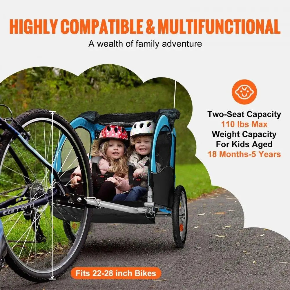 Foldable Double Seat Kids Bike Trailer - 110lbs Capacity Canopy