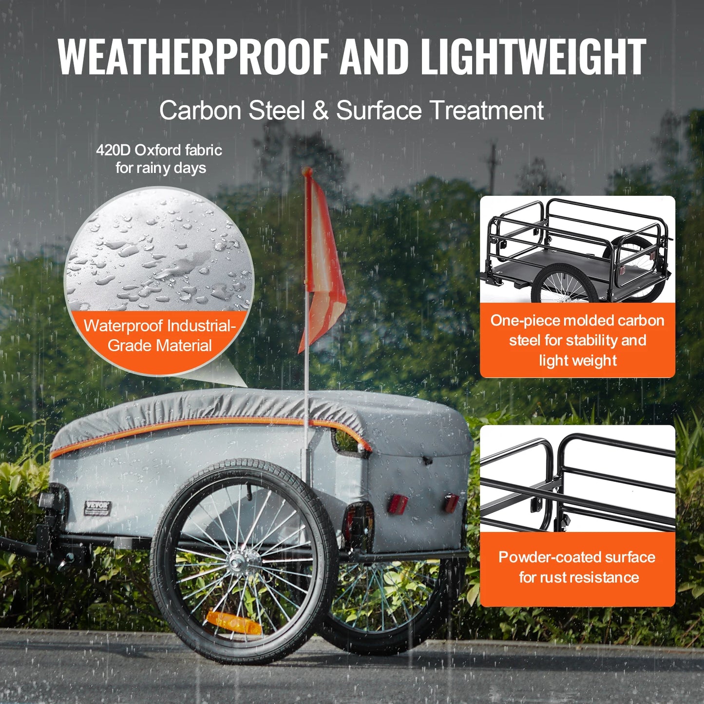 VEVOR 100lbs Bike Cargo Trailer Foldable Bicycle Wagon Cart with Waterproof Cover & Safe Reflectors Fits 22"-28" Bike Wheel