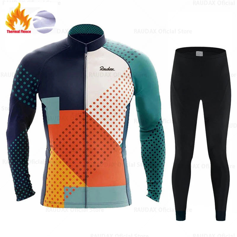 Long Sleeve Cycling Jersey Set Bike Clothing Uniform Men's Thermal Fleece Bicycle