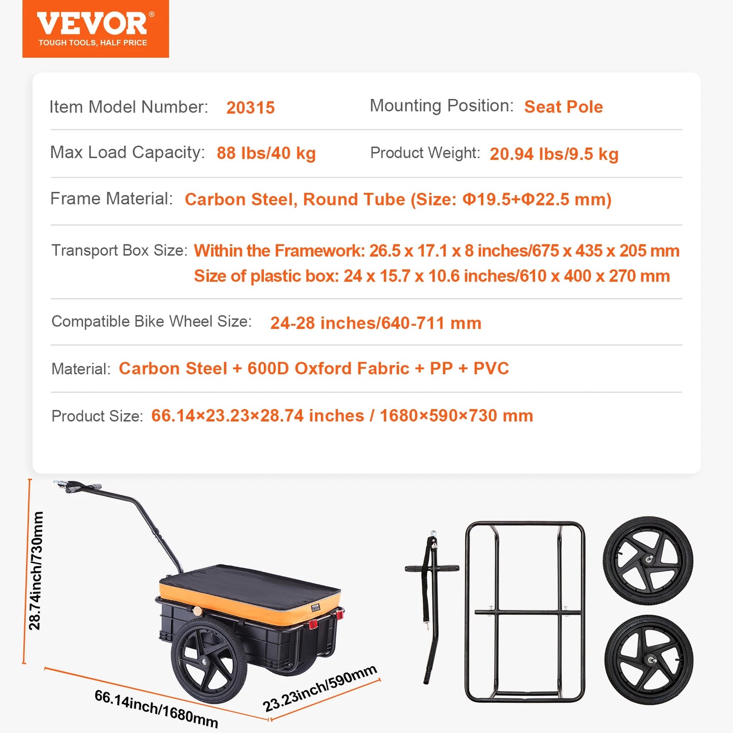 VEVOR 88 lbs Bike Cargo Trailer Bicycle Wagon Cart Foldable Storage with 16" Wheels & Safe Reflectors Fits 24"-28" Bike Wheels