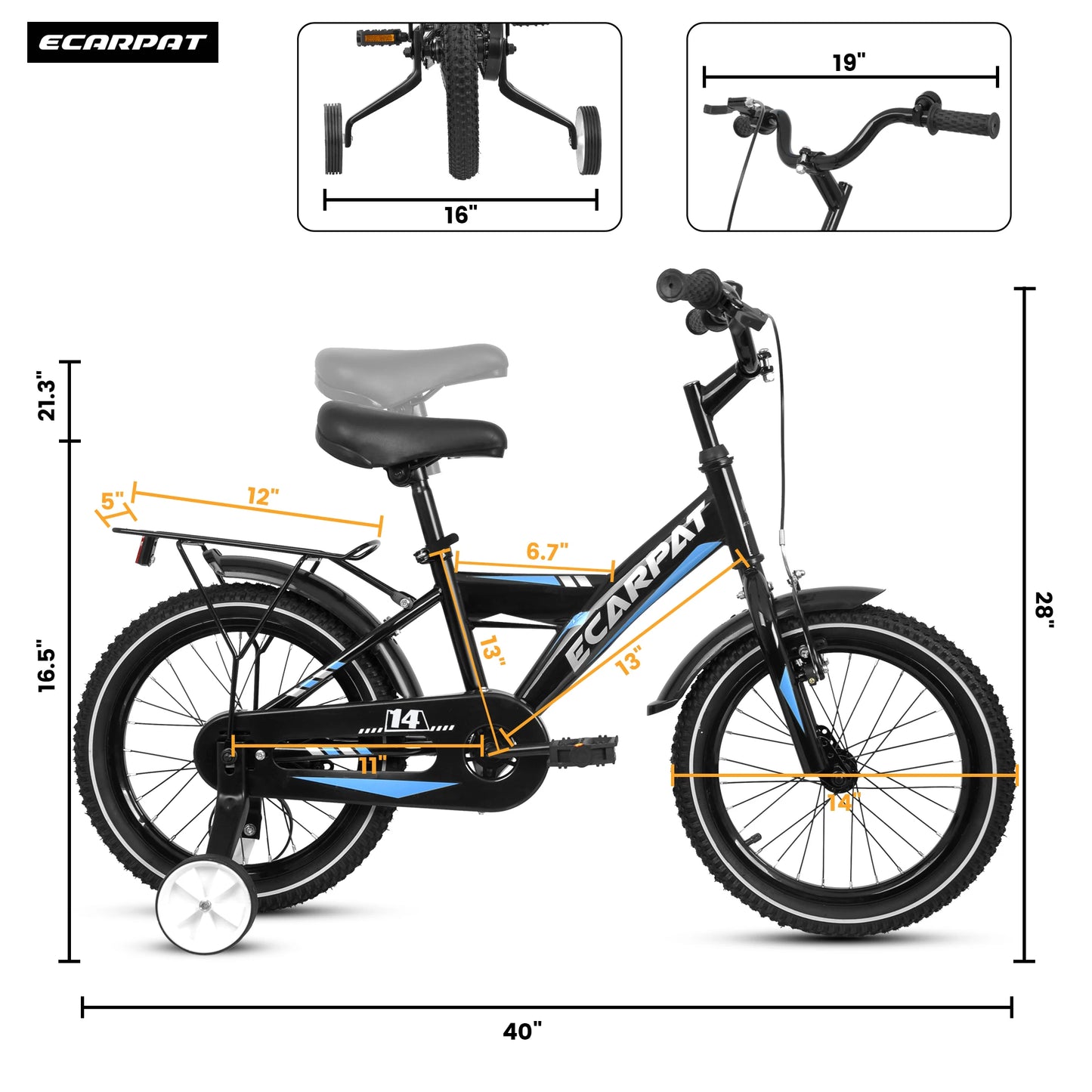 Kids Bike 14 Inch For Boys & Girls With Training Wheels, Freestyle Kids' Bicycle With Fender And Carrier