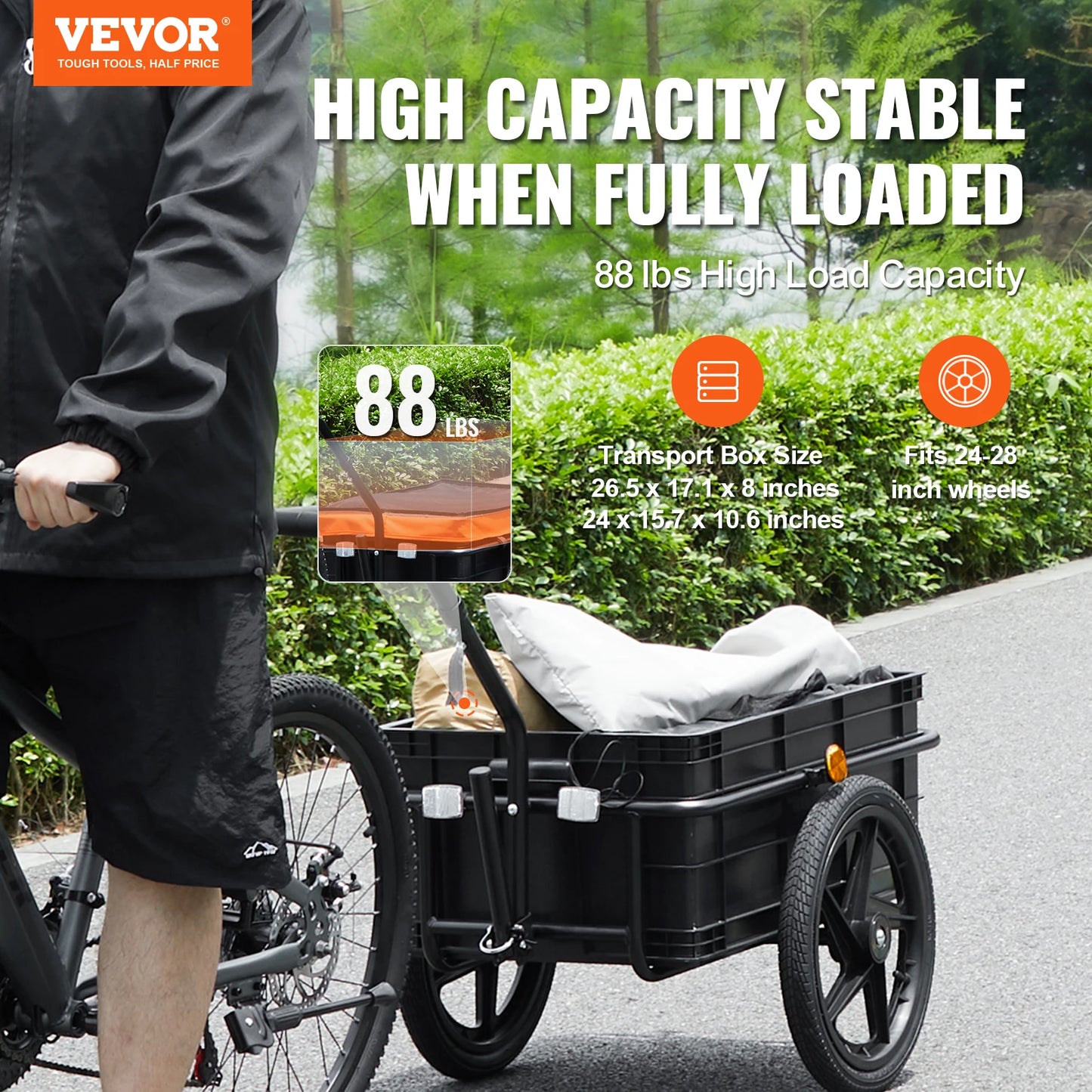 VEVOR 88 lbs Bike Cargo Trailer Bicycle Wagon Cart Foldable Storage with 16" Wheels & Safe Reflectors Fits 24"-28" Bike Wheels