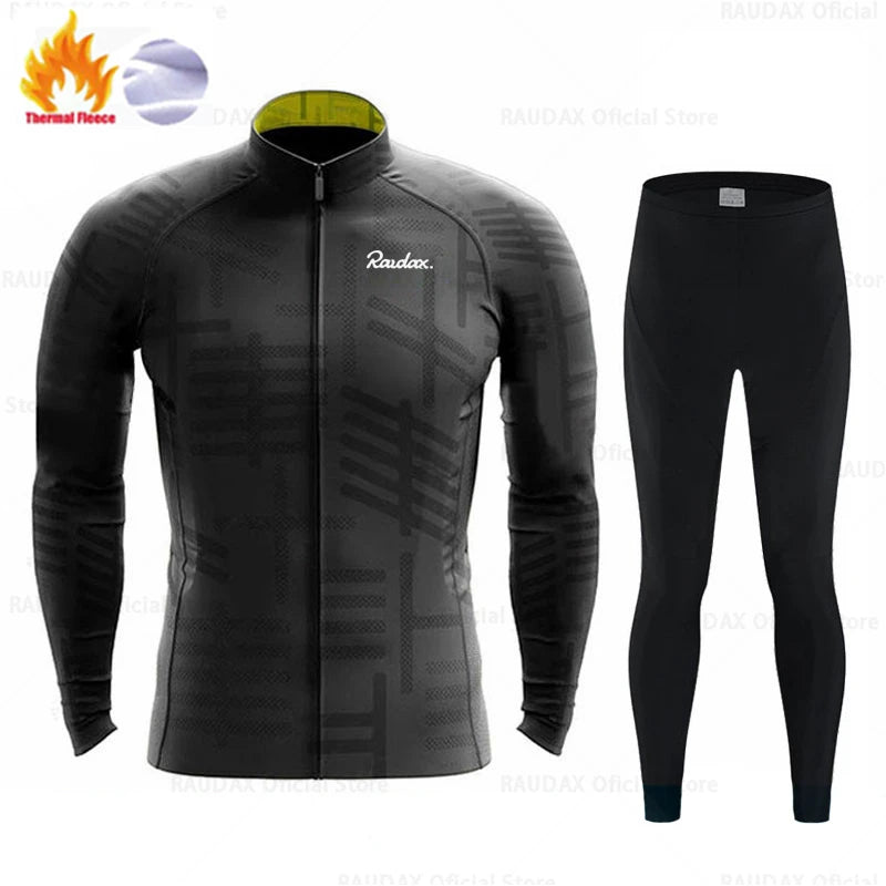 Long Sleeve Cycling Jersey Set Bike Clothing Uniform Men's Thermal Fleece Bicycle