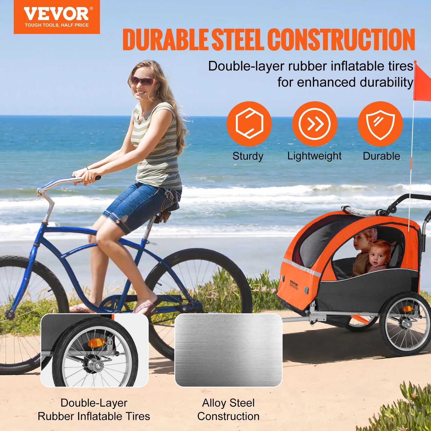 VEVOR Bike Trailer for Toddlers Kids Double Seat 100 lbs Load 2-In-1 Canopy Carrier Converts to Stroller with Bicycle Coupler