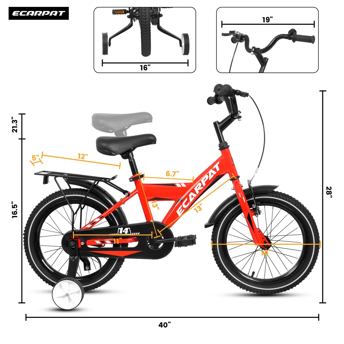 Kids Bike 14 Inch For Boys & Girls With Training Wheels, Freestyle Kids' Bicycle With Fender And Carrier