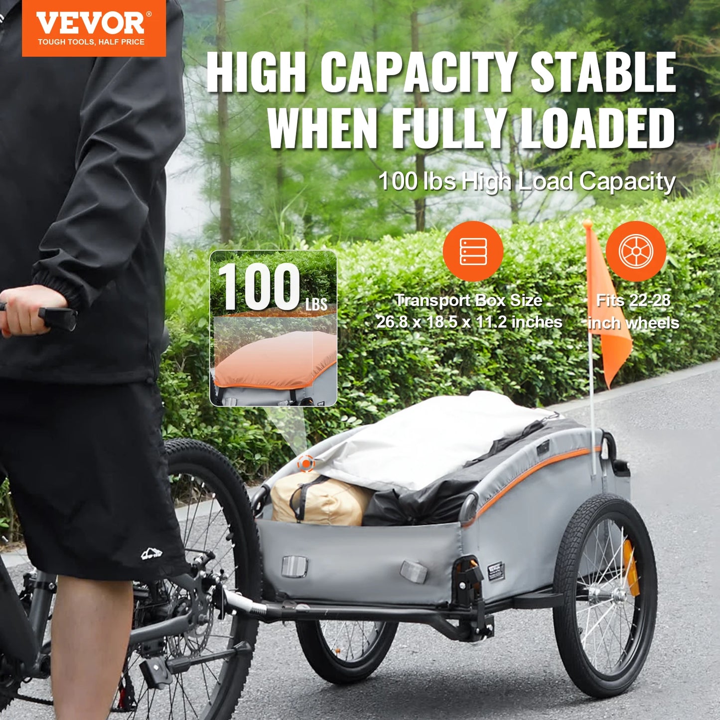 VEVOR 100lbs Bike Cargo Trailer Foldable Bicycle Wagon Cart with Waterproof Cover & Safe Reflectors Fits 22"-28" Bike Wheel