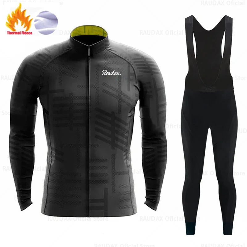 Long Sleeve Cycling Jersey Set Bike Clothing Uniform Men's Thermal Fleece Bicycle