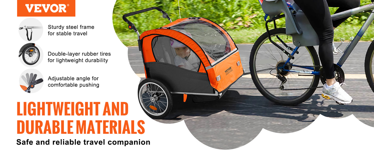 VEVOR Bike Trailer for Toddlers Kids Double Seat 100 lbs Load 2-In-1 Canopy Carrier Converts to Stroller with Bicycle Coupler