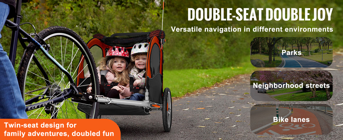 VEVOR Bike Trailer for Toddlers Kids Double Seat 100 lbs Load 2-In-1 Canopy Carrier Converts to Stroller with Bicycle Coupler