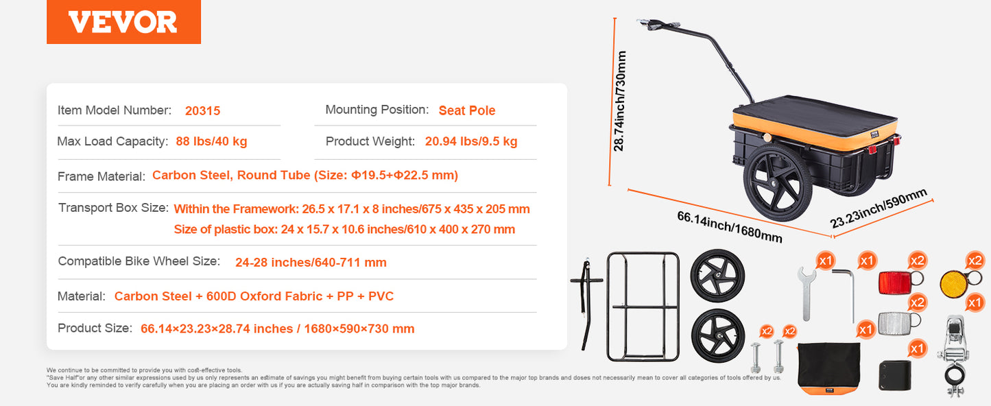 VEVOR 88 lbs Bike Cargo Trailer Bicycle Wagon Cart Foldable Storage with 16" Wheels & Safe Reflectors Fits 24"-28" Bike Wheels