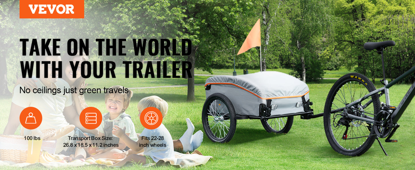 VEVOR 100lbs Bike Cargo Trailer Foldable Bicycle Wagon Cart with Waterproof Cover & Safe Reflectors Fits 22"-28" Bike Wheel