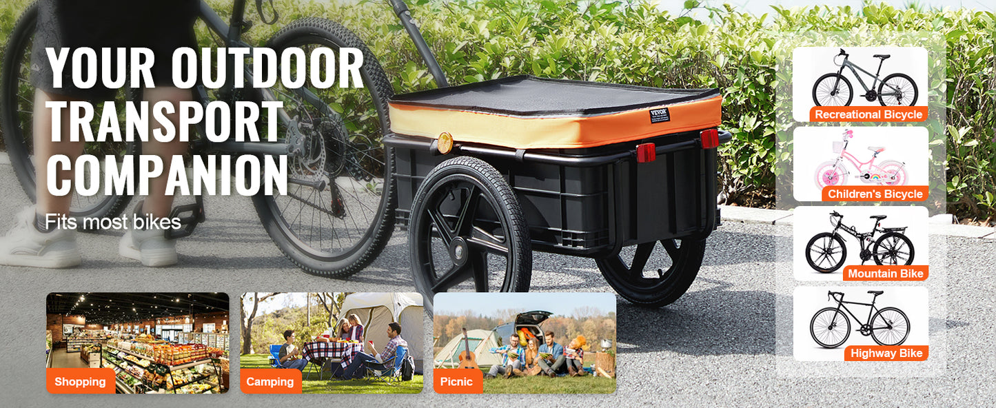 VEVOR 88 lbs Bike Cargo Trailer Bicycle Wagon Cart Foldable Storage with 16" Wheels & Safe Reflectors Fits 24"-28" Bike Wheels