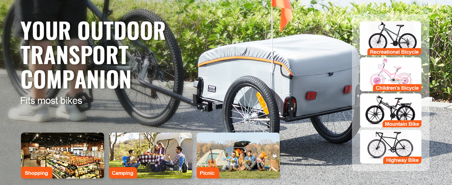 VEVOR 100lbs Bike Cargo Trailer Foldable Bicycle Wagon Cart with Waterproof Cover & Safe Reflectors Fits 22"-28" Bike Wheel